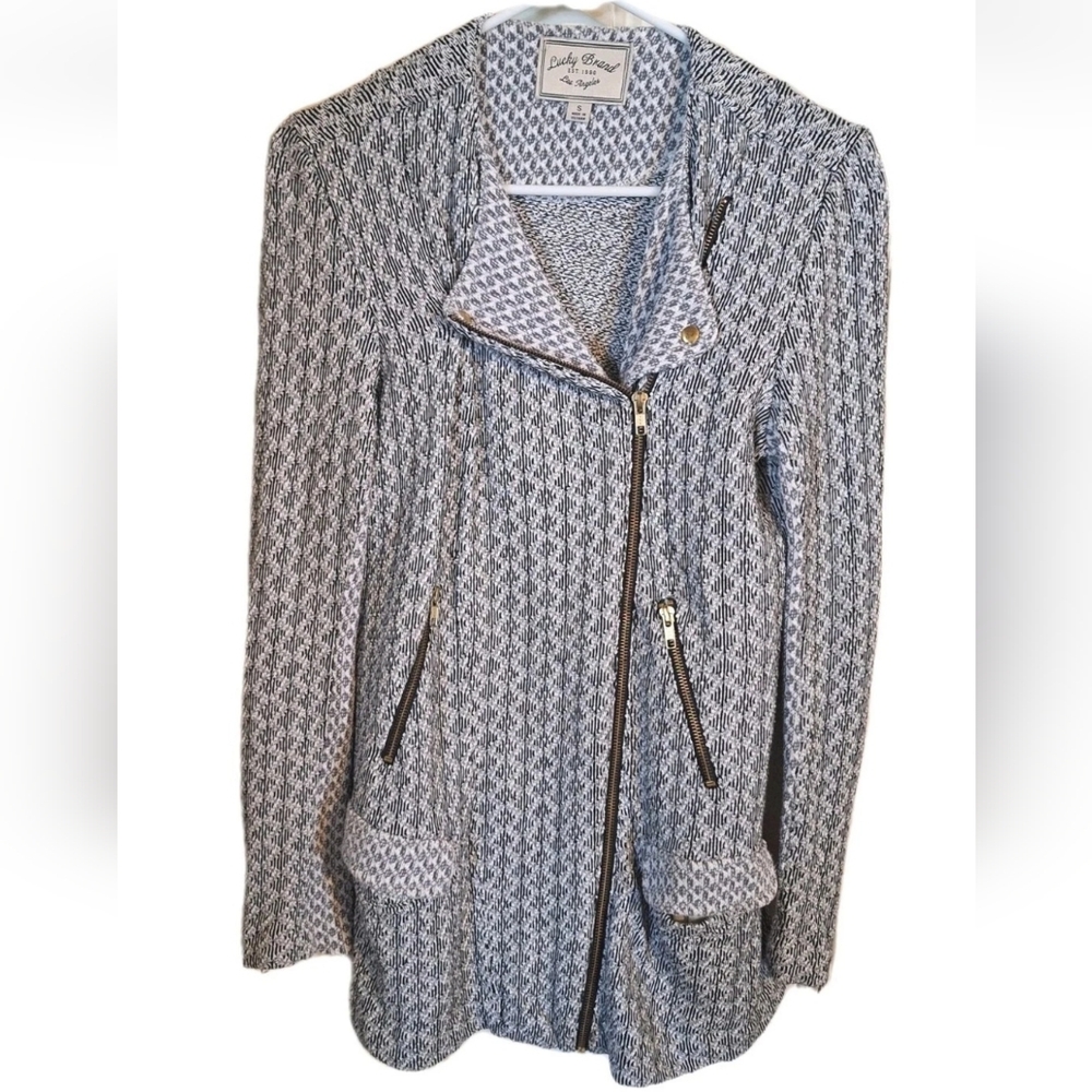 Lucky Brand Marnie Long Jacket Black White Zippers Pockets Cotton Size Small